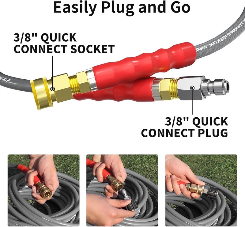 Heliwoo خرطوم غسالة ضغط 50 قدم، 4200 PSI خرطوم تمديد غسالة الطاقة مع سلك مضفر 1/4 بوصة عالي الشد، مرن ومقاوم للانحناء، خرطوم بديل ثقيل الوزن مع توصيل سريع 3/8 - Image 5